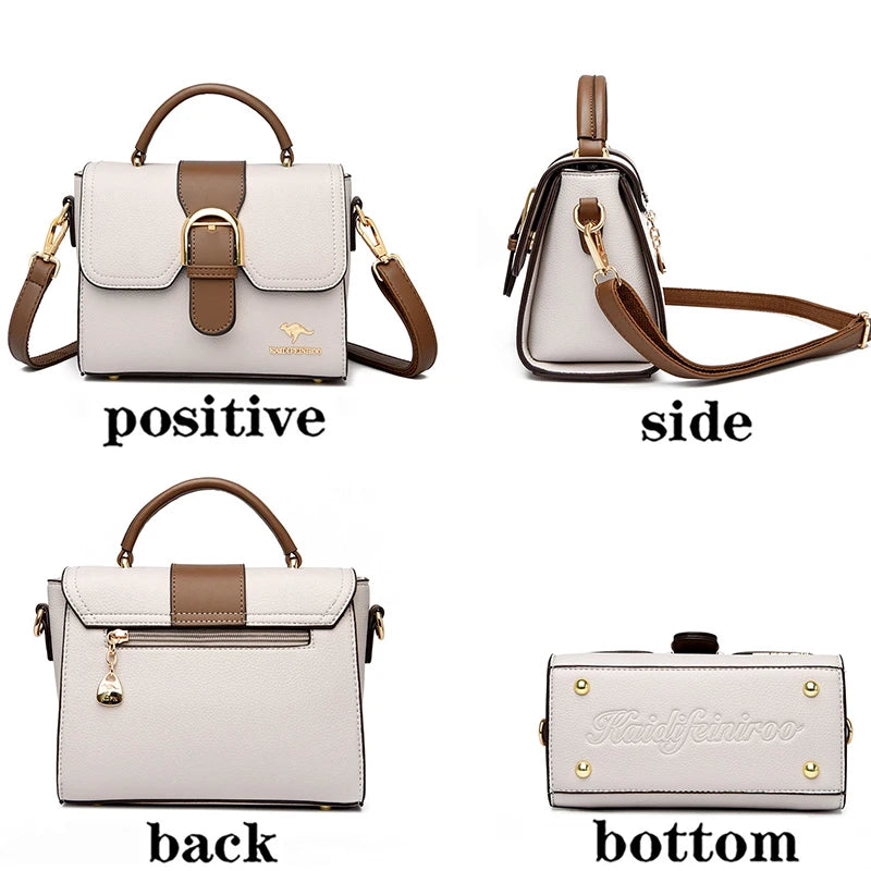 Genuine Cow Leather Shoulder Bag With Subtle Flap And Refined Hardware — Creamy Beige With Taupe Trim | KIMLUD