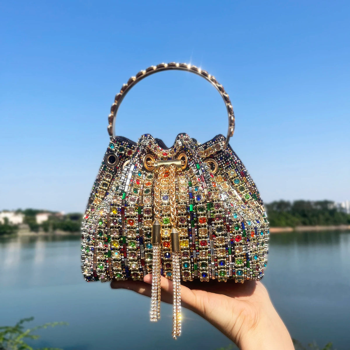 Bucket Bag – Crystal Rhinestone Accent – Polyester | KIMLUD