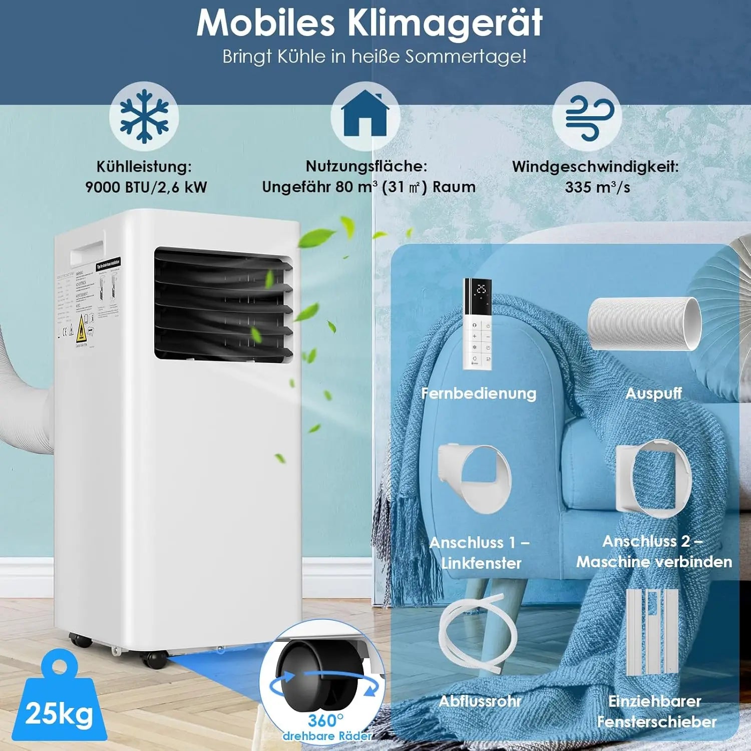 Portable Air Conditioner 9000 BTU Per Hour Dehumidifying — White | KIMLUD