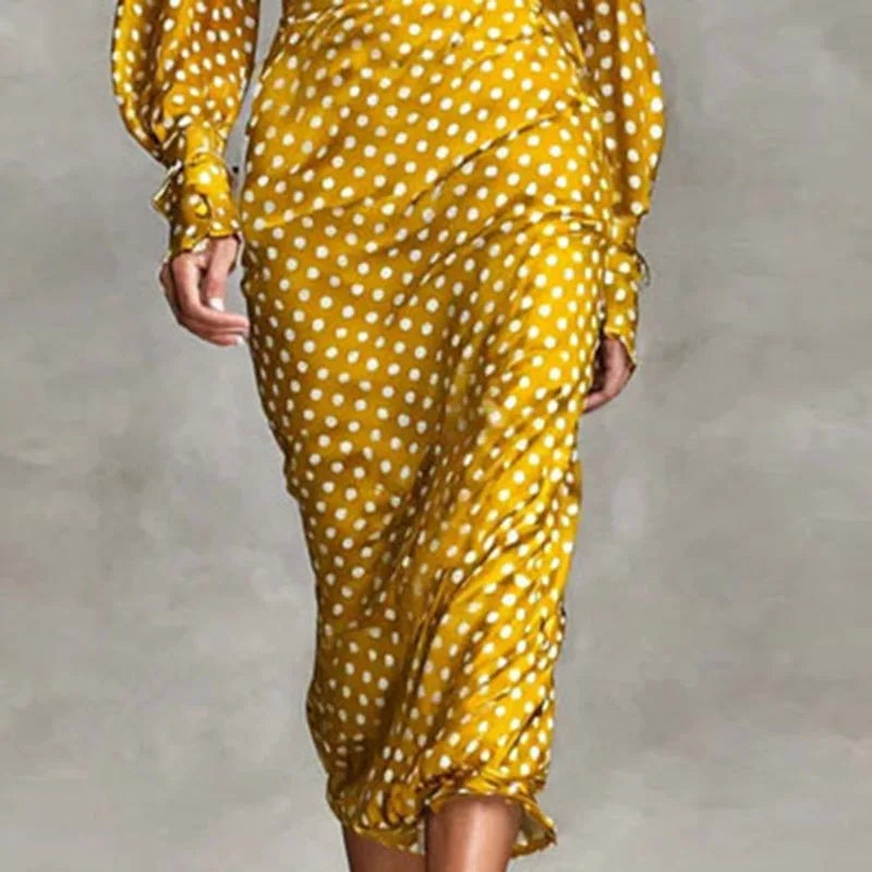 Sexy Bowknot Scarf Polka Dot Print Outfits Woman O Neck Button Blouse Shirt+Pleated Skirt Set Fall Long Sleeve Slim Bodycon Suit