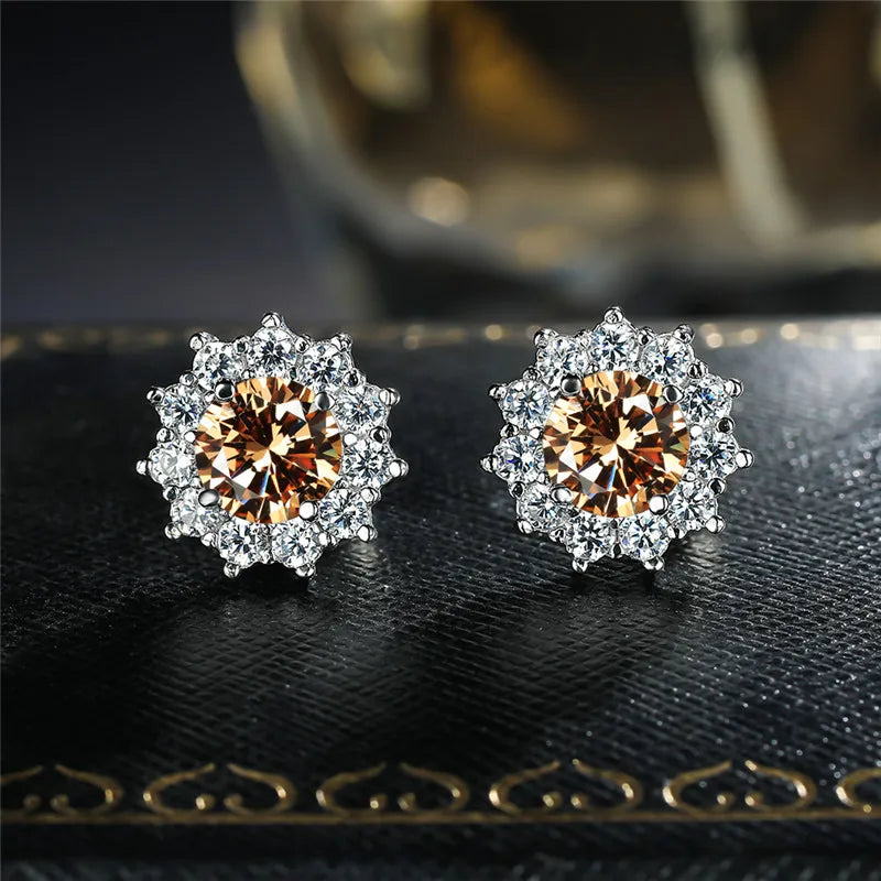 Copper Stud Earrings Round Cubic Zirconia — Water Blue | KIMLUD