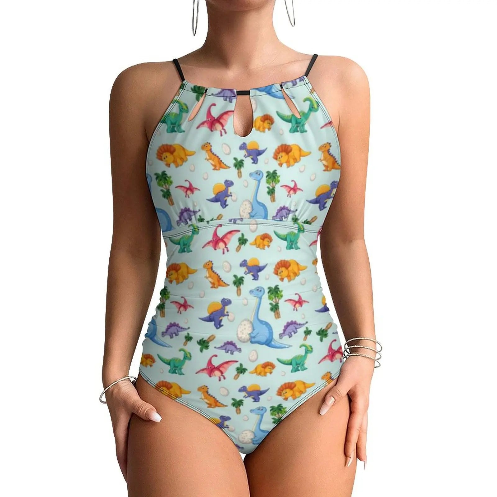 Halter One-Piece Swimsuit With Botanical Dinosaurs Print — Pastel Green | KIMLUD