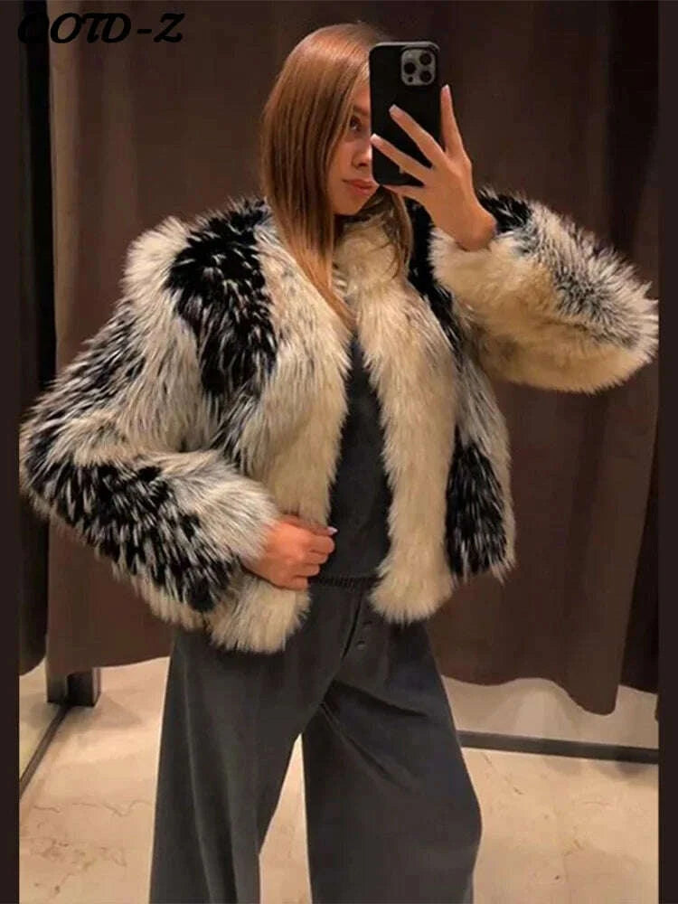 KIMLUD, Stylish Contrast Faux Fur Women Coat Elegant O-neck Single Breasted Full Sleeve Female Coats 2025 Winter Chic Lady Jacket, KIMLUD Womens Clothes