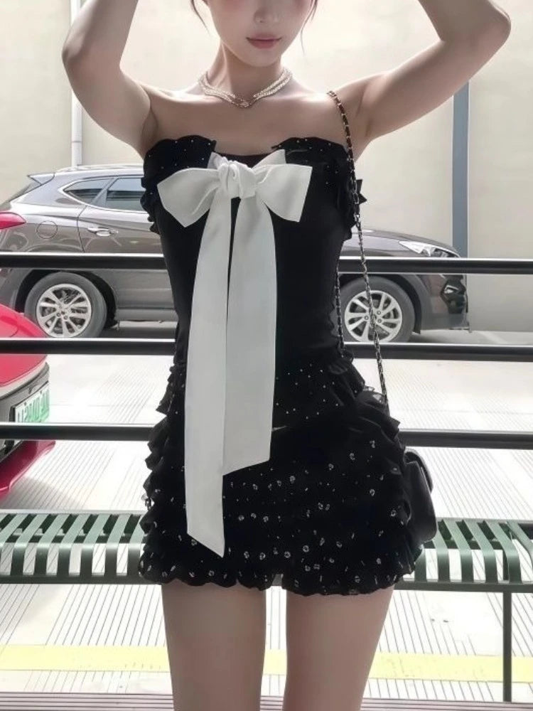 New Summer Sexy Bow Elegant 2 Piece Set Women Y2k Vintage Strapless Tops + Mini Skirt Harajuku Fashion Female Party Chic Outfits