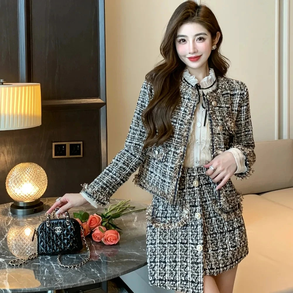 2025 Autumn Winter New Chic Two-Piece Skirt Women's Fashion Loose Burrs Elegant Sweet Tweed Jacket+Skirt Female Two-Piece Suit