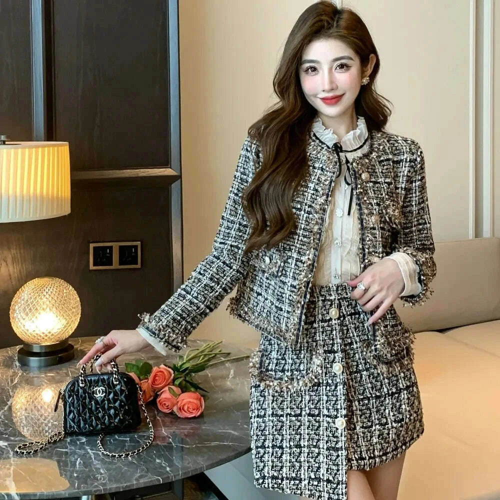 KIMLUD, 2025 Autumn Winter New Chic Two-Piece Skirt Women's Fashion Loose Burrs Elegant Sweet Tweed Jacket+Skirt Female Two-Piece Suit, KIMLUD Womens Clothes