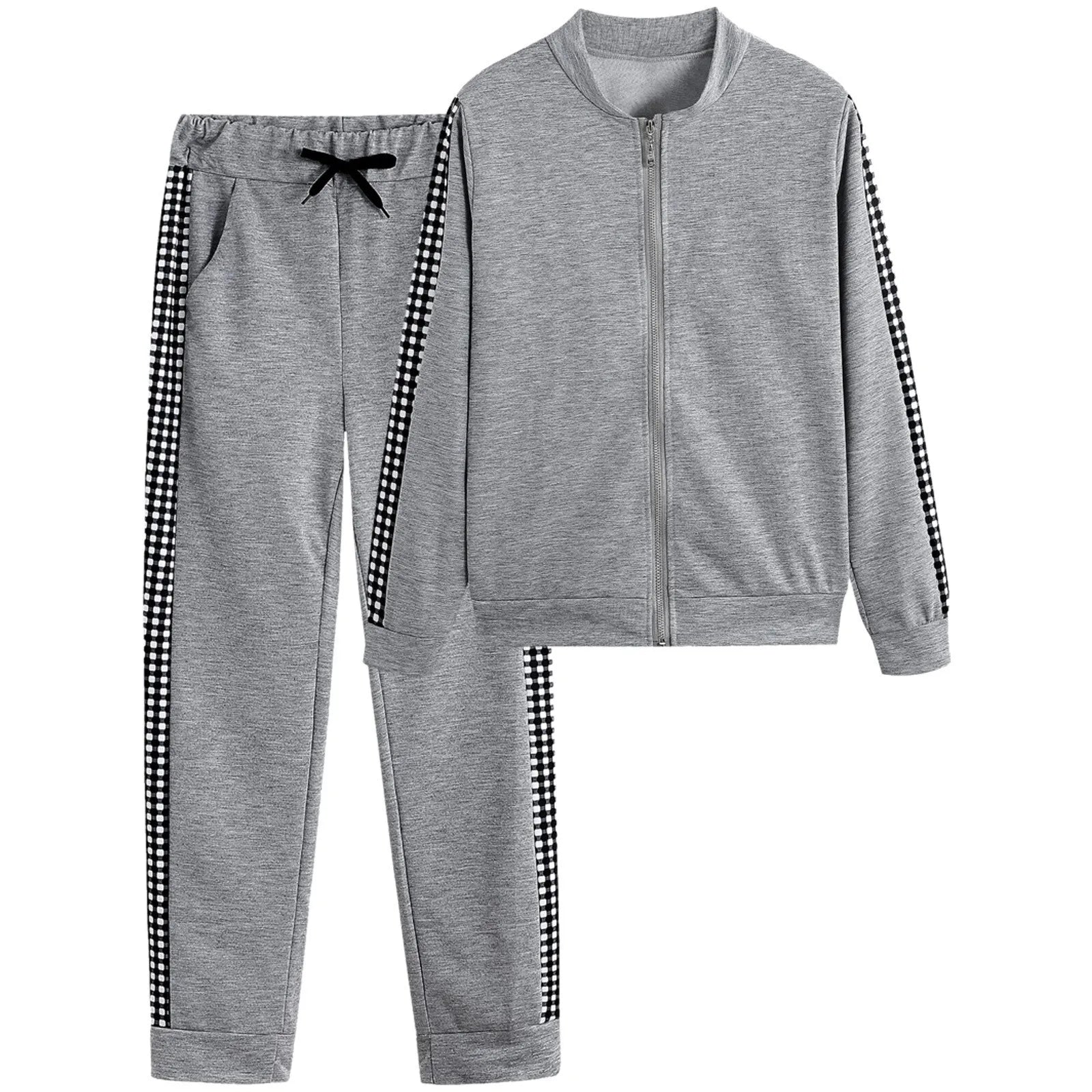 Wool-Blend Plaid Zippered Tracksuit Two-Piece Set With Drawstring Pants — Gray Plaid | KIMLUD