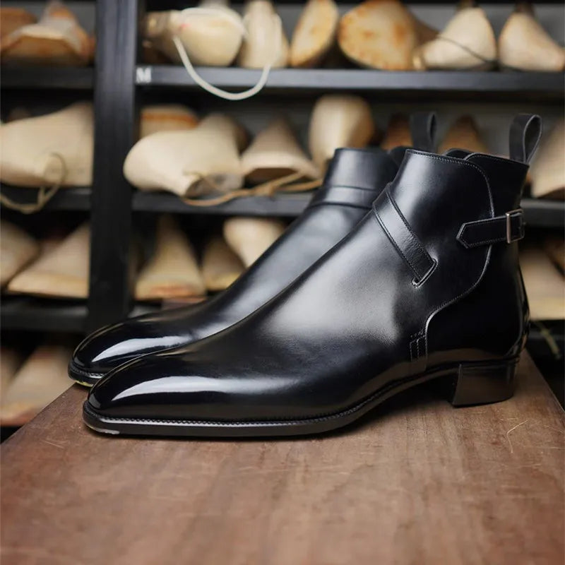 New Brown Short Boots for Men Black Buckle Strap Fashion Ankle Boots Business Square Toe Men Boots