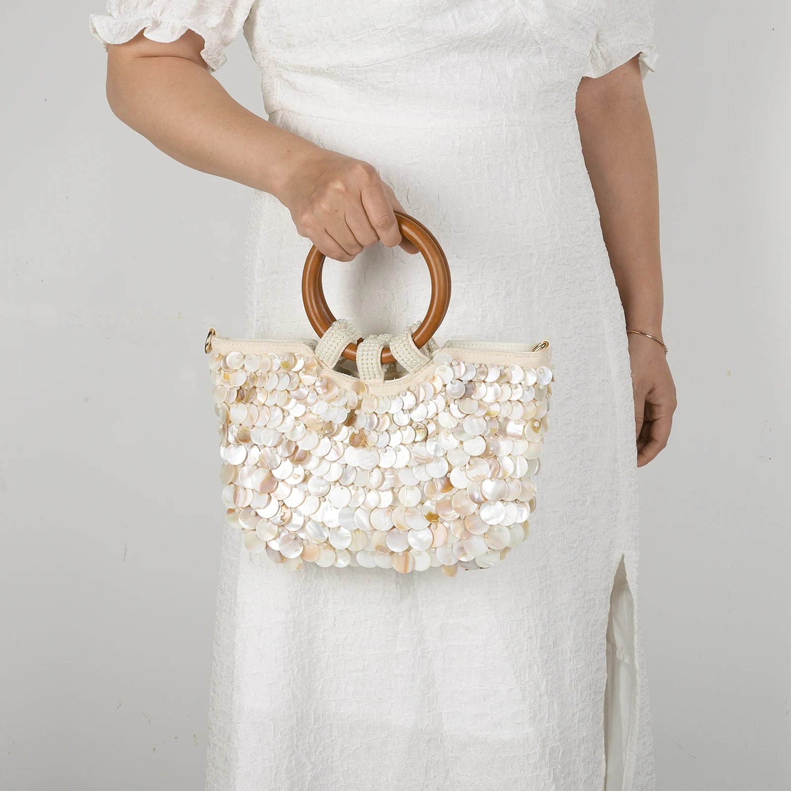 Shell Beaded Clutch Purse Handcrafted Beadwork Top Handle — Champagne Ivory | KIMLUD