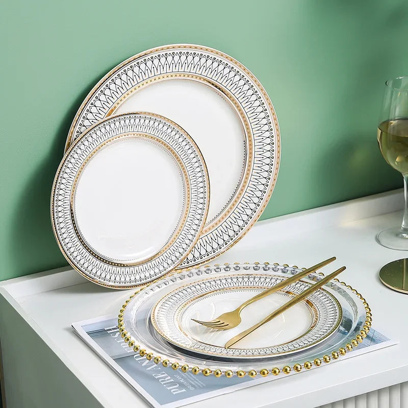 Ceramic Dinner Plates Golden Bead Trim — White | KIMLUD
