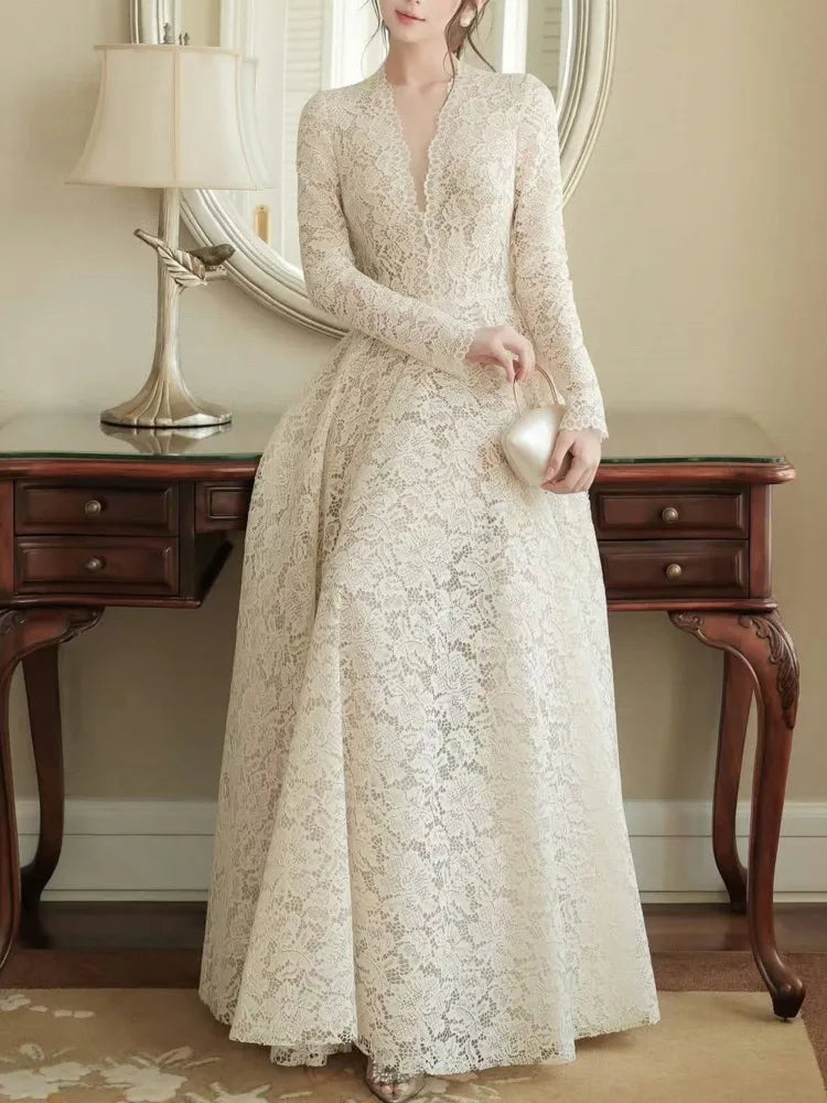 Lace Maxi Dress Long Sleeve Deep V Neck — Black | KIMLUD