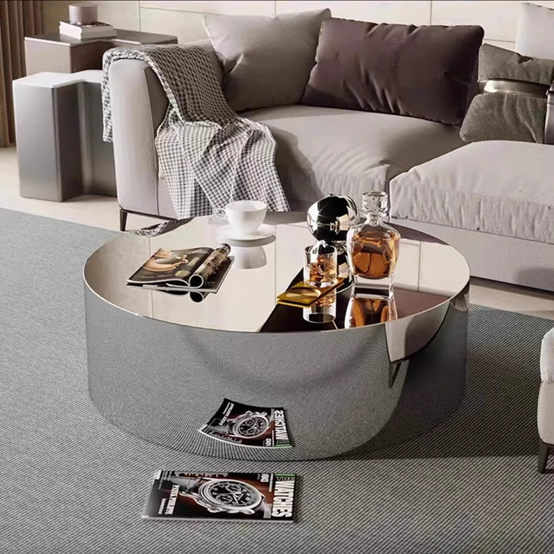 Industrial Metal Coffee Table Sculptural — Brushed Stainless Steel | KIMLUD