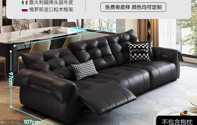 Full-Grain Leather Minimalist Multifunctional Sofa With Sculpted Modular Form — Black | KIMLUD