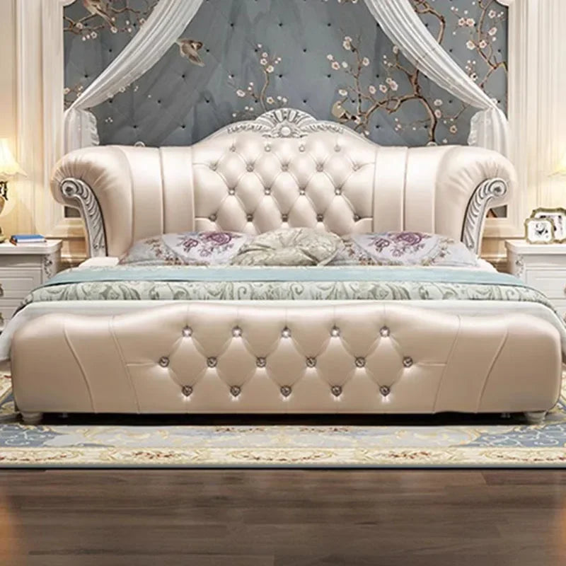 Wood Modern Leather Bed European Style With Contoured Frame And Plush Upholstery — Cream Ivory | KIMLUD