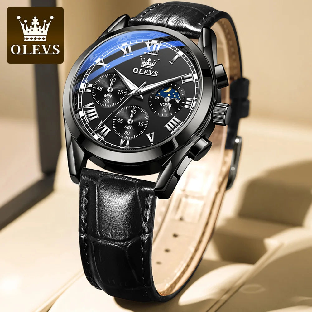 Rose-Gold Chronograph Moon Phase Watch Leather Strap — Black | KIMLUD