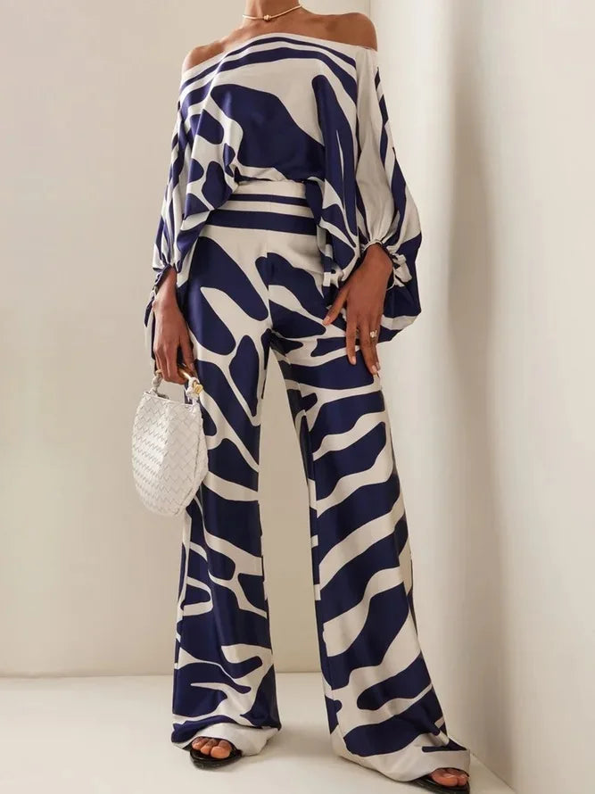 Satin Print Pajama Set Off-Shoulder Slash-Neck Top Long Pants — White | KIMLUD
