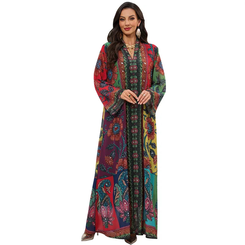 Polyester Abaya Dress Diamond Print — Multicolor | KIMLUD