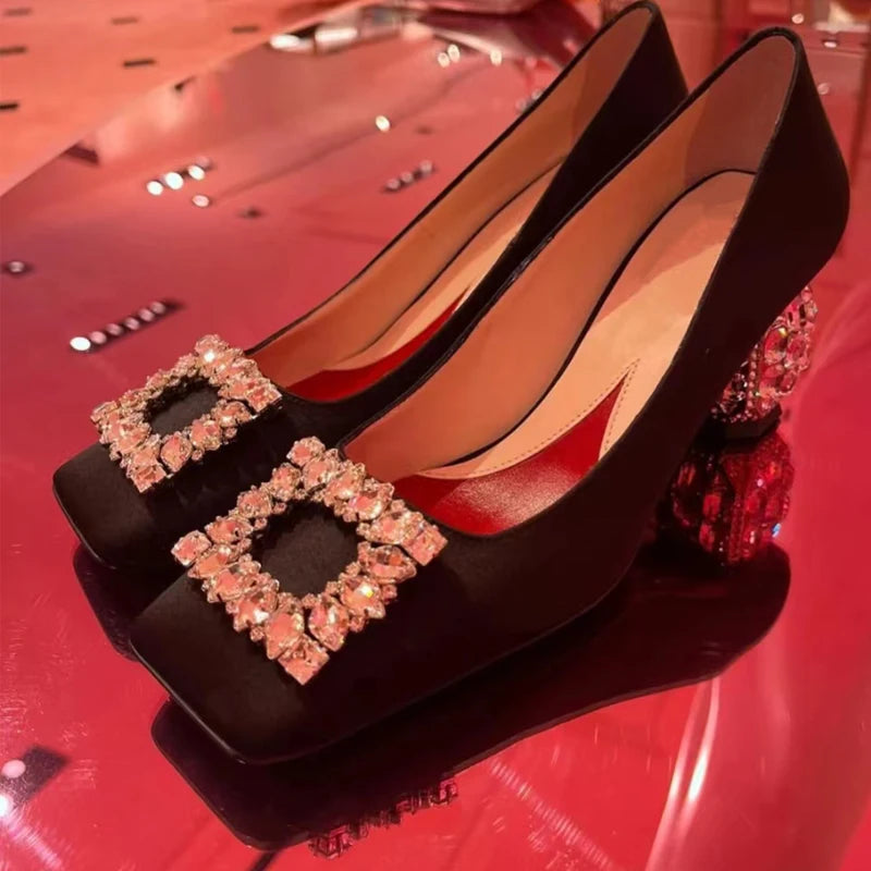 Satin Rhinestone High Heels Square Toe — Champagne | KIMLUD