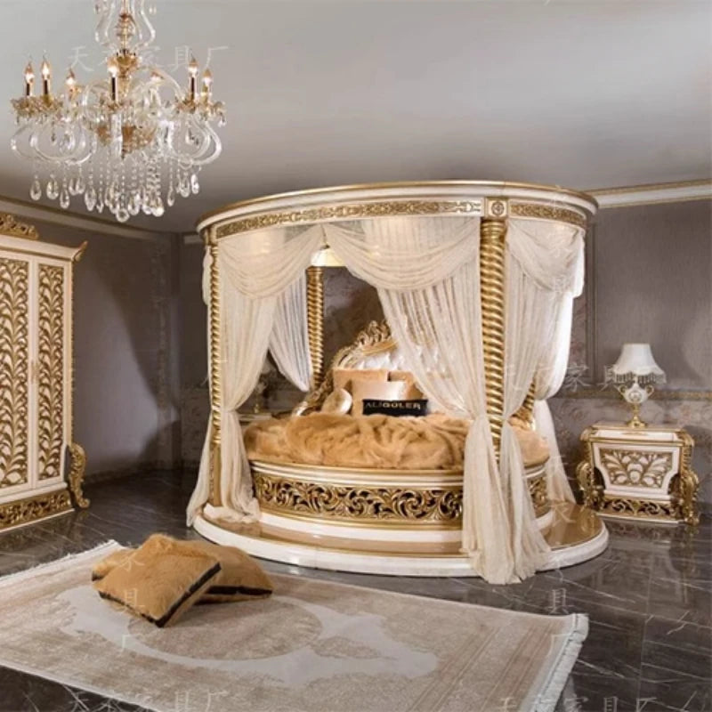 European Luxury Round Bed Castle Wood Bedroom Wedding Double Bed Comfortable Adult High Quality Letto Matrimoniale Furniture