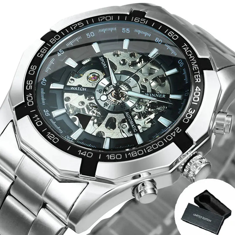 Stainless Steel Skeleton Watch Luminous Hands — Black | KIMLUD