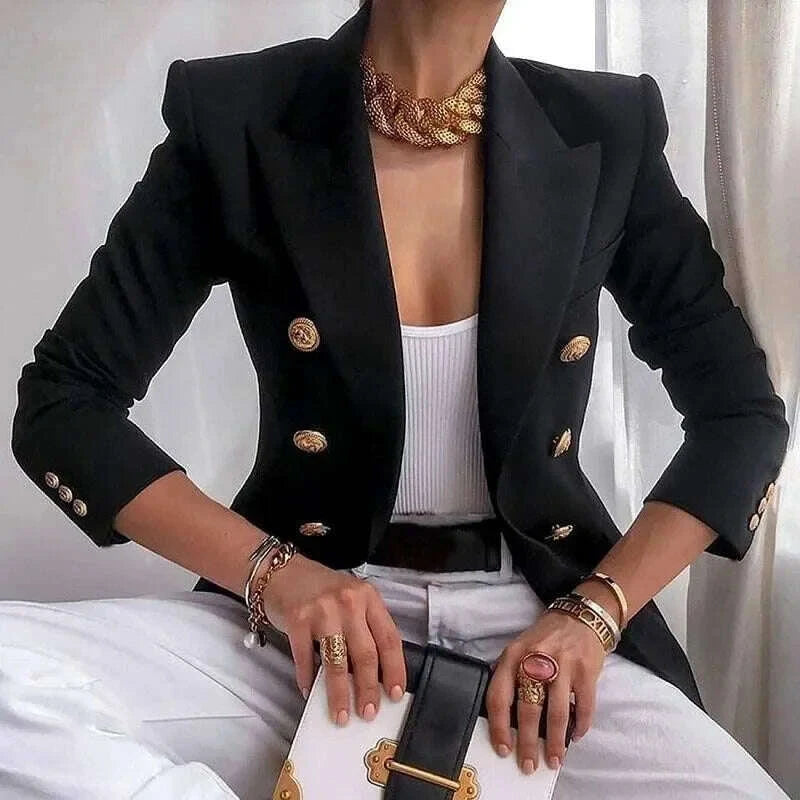 KIMLUD, Women's Elegant Metal Buckle White Suit Jacket Casual Office lady Blazer High-end Feel Western-style Clothe, KIMLUD Womens Clothes