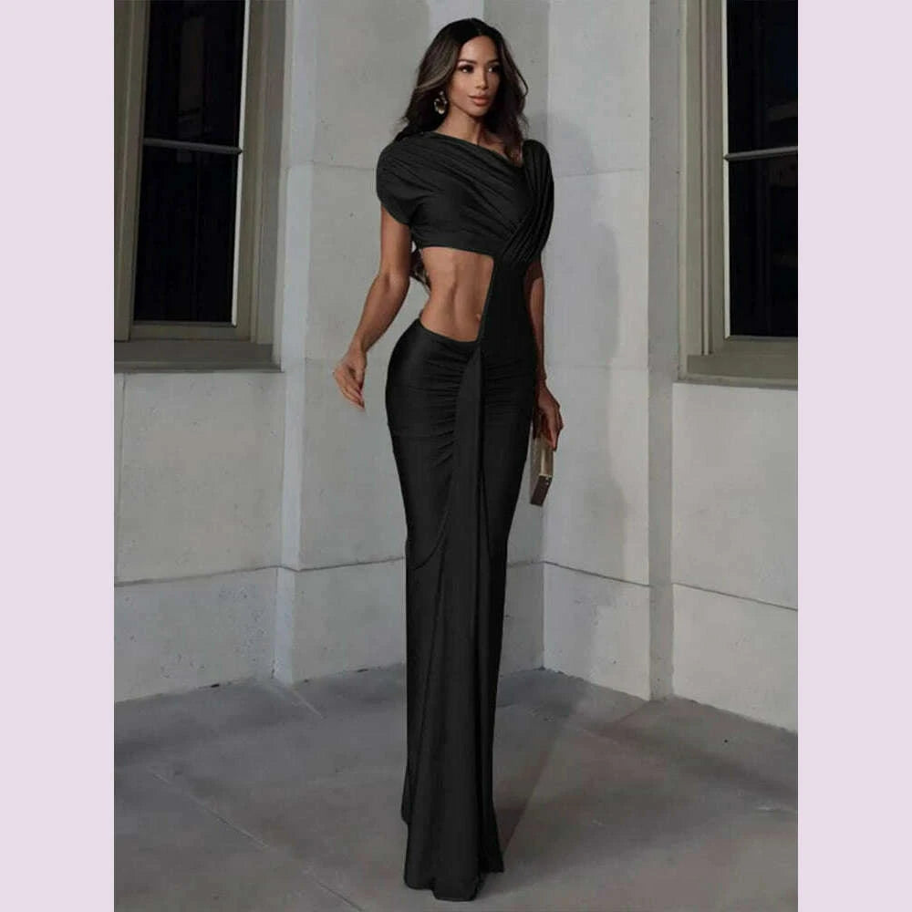 KIMLUD, Elegant Ruched Bodycon Dress - Asymmetric Collar Long Evening Dress, KIMLUD Womens Clothes