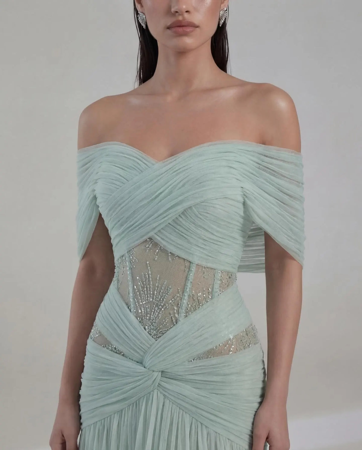 Off-Shoulder Evening Dress – Pleated – Chiffon – Mint Green | KIMLUD