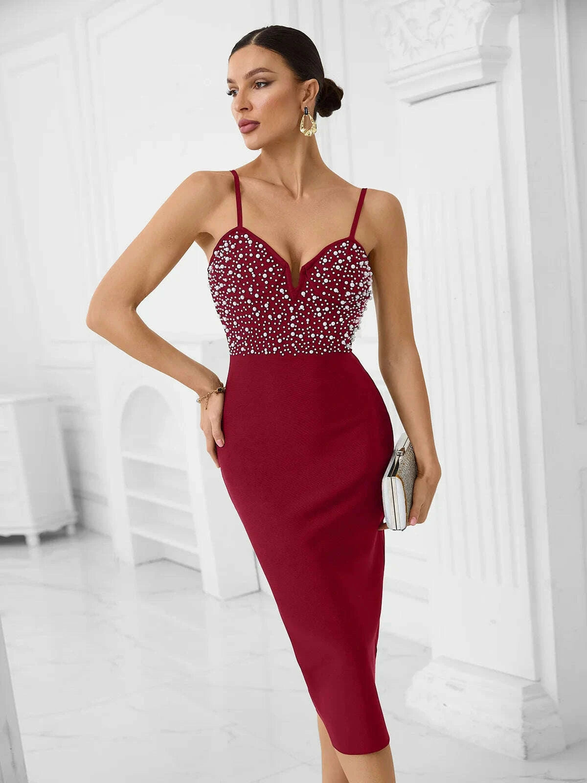 KIMLUD, VC Elegant Burgundy Spaghetti Strap Midi Dress with Pearl & Rhinestone Embellishments for Cocktail Parties & Formal Events, KIMLUD Womens Clothes