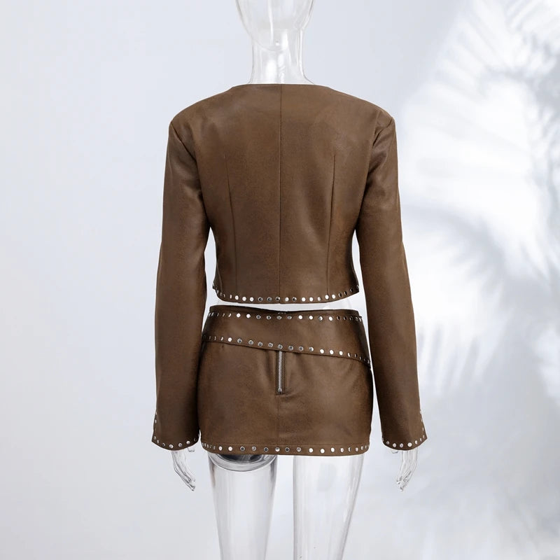 Jacket Skirt Set - Studded Trim - Cropped Zip-Up - Women | KIMLUD
