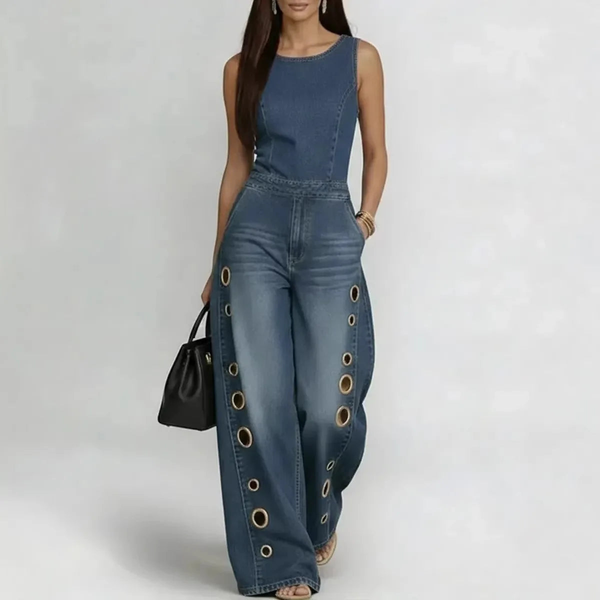 Denim Jumpsuit Sleeveless Eyelet Cutout High Waist Wide Leg — Blue | KIMLUD