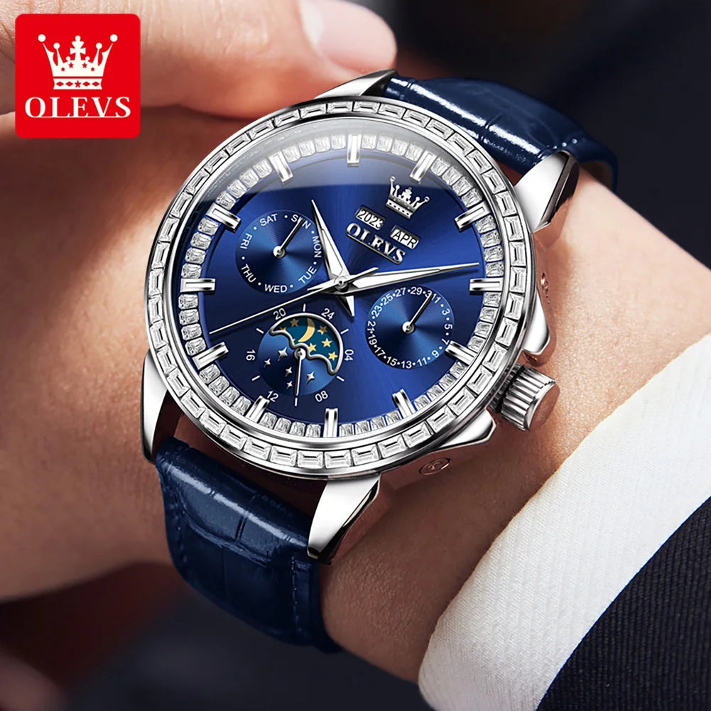 Leather Strap Watch Moon Phase Dial — Sapphire Blue | KIMLUD