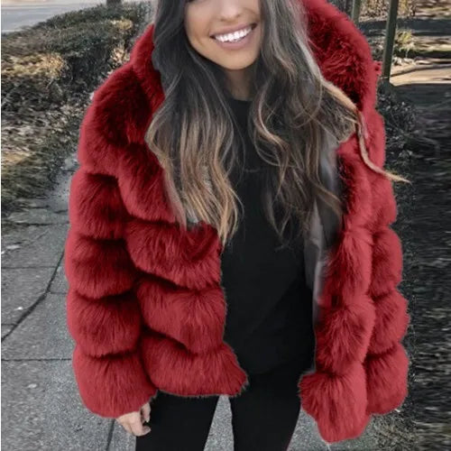 DEAT Fashion Imitation Fox Fur Grass Jacket Women's Hooded Loose Long Sleeves Patchwork Plush Thick Coat Winter New 7A975