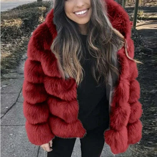 KIMLUD, DEAT Fashion Imitation Fox Fur Grass Jacket Women's Hooded Loose Long Sleeves Patchwork Plush Thick Coat Winter New 7A975, KIMLUD Womens Clothes