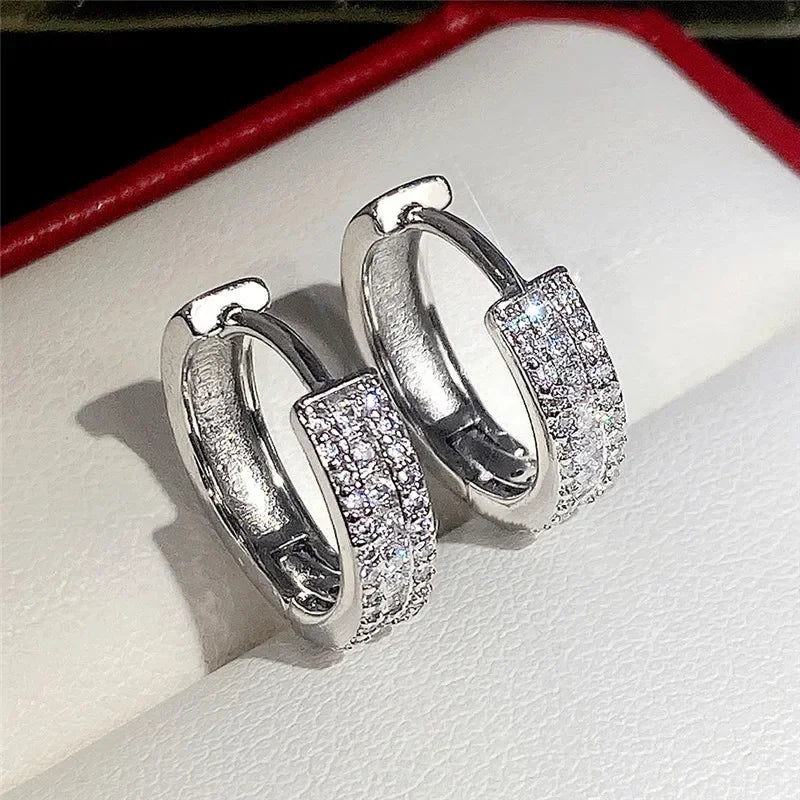 Sterling Silver Hoop Earrings Cubic Zircon Minimal Round Circle — Silver | KIMLUD