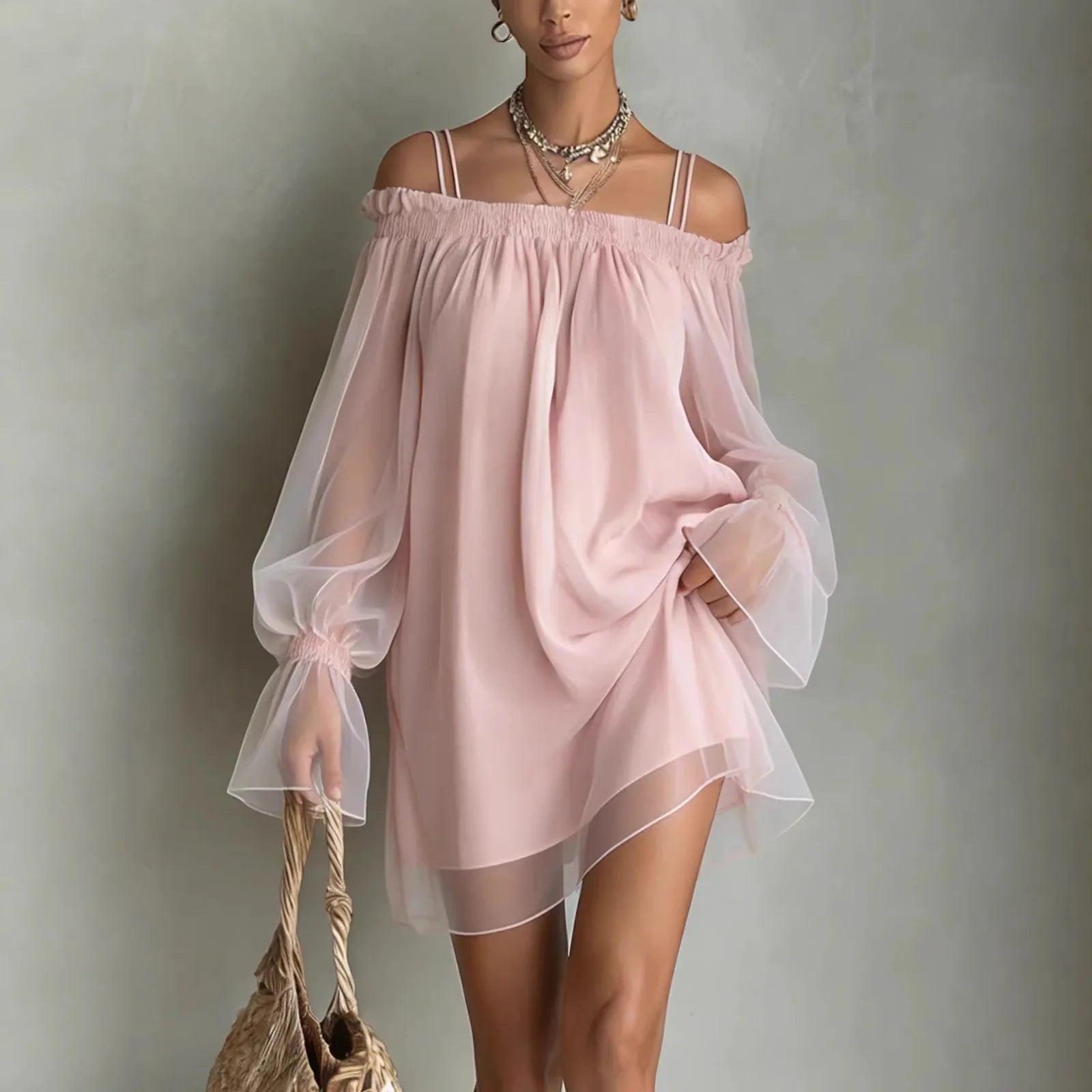 Mesh Off Shoulder Dress Double Strap Sheer Mini Silhouette With Soft Draping — Pale Pink | KIMLUD
