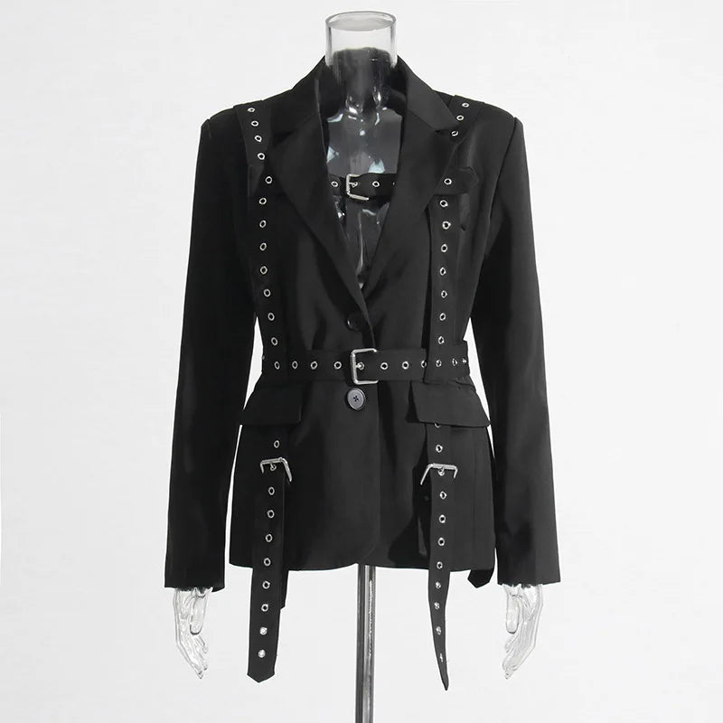 Women's Solid Color Temperament Suit Jacket 2025 Autumn Notched Single Breated Belted Slim Biker Motor Style Casual Blazer