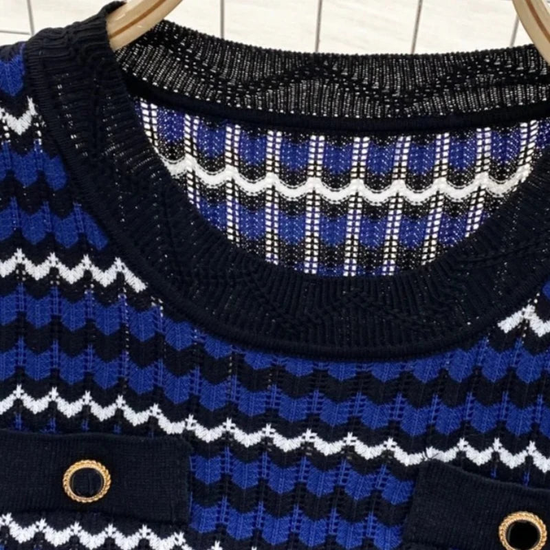 Knit Ribbed Striped Bodycon Midi Dress — Blue | KIMLUD