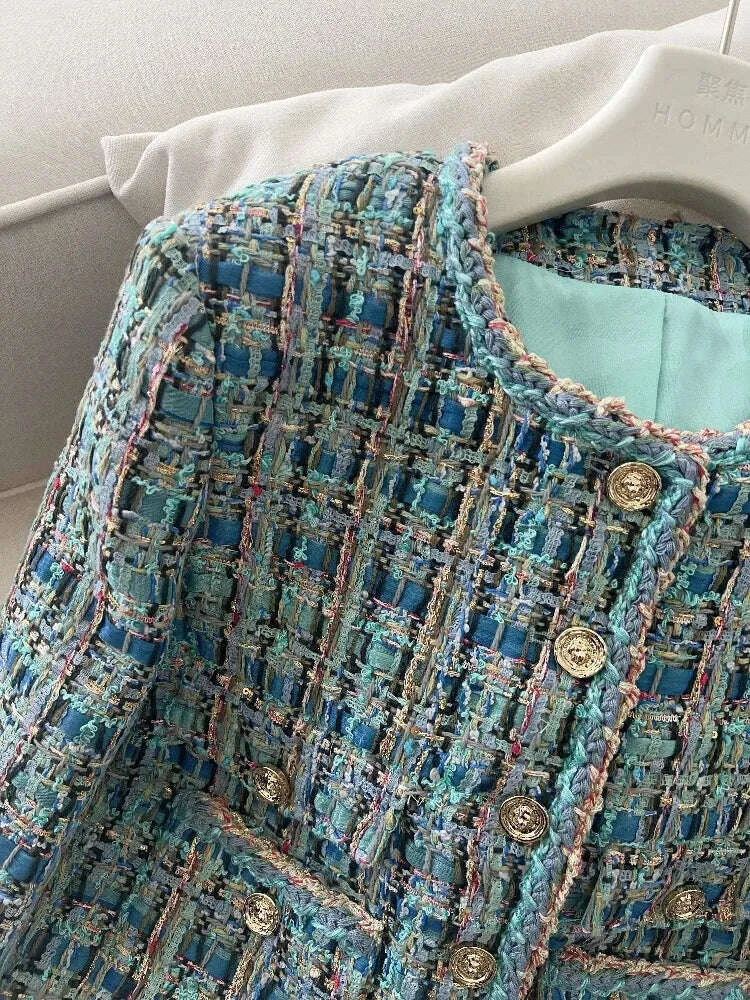 KIMLUD, 2025 New French Lady Blue Green Tweed round Neck Single Button Small Fragrance Style Jacket Vest Dress Set Casual Suit, KIMLUD Womens Clothes