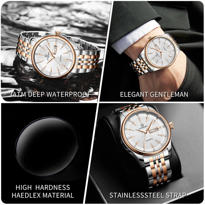 PENGAGAR Luxury Men's Watches Waterproof Stainless Steel Luminous Men Watch Date Chronograph High Quality Quartz Male Wristwatch
