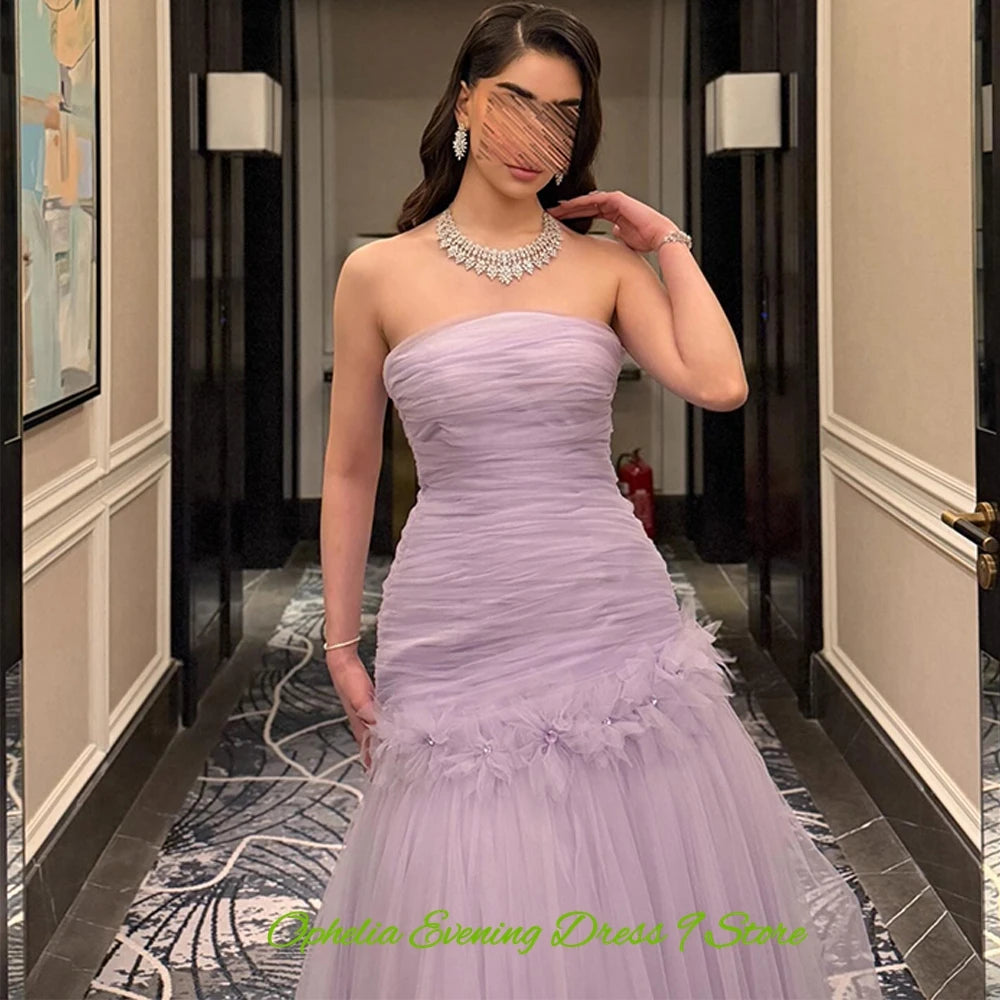 Classic Tulle Evening Dress Graceful Strapless Prom Dresses Fashion Crystal and Flowers Customized Special Occasion Gowns