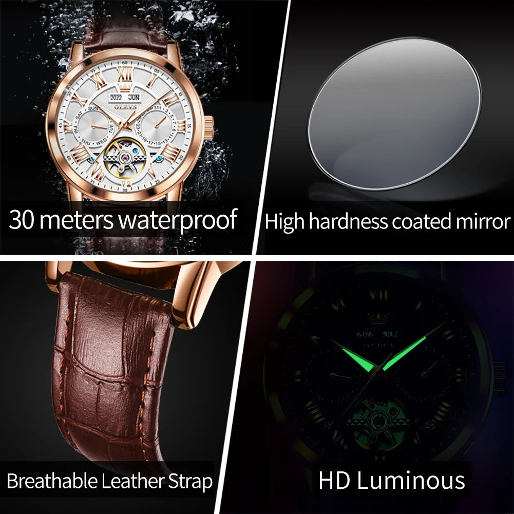 Moon Phase Calendar Automatic Chronograph Leather Strap Watch — Rose-Gold | KIMLUD