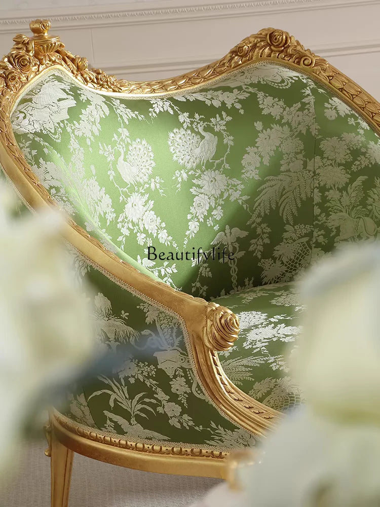 *French retro solid wood carving flower sofa chair European villa living room fabric leisure chair