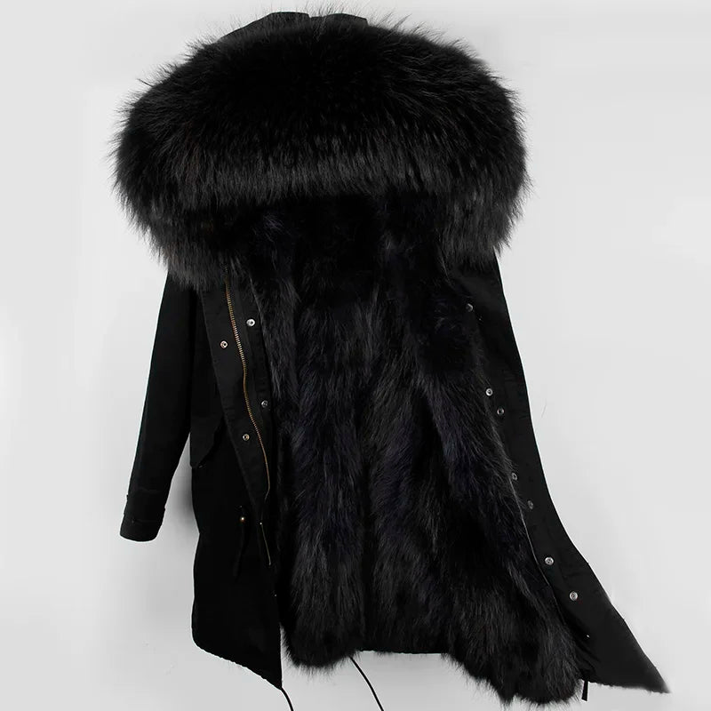 Maomaokong Winter Women's Fur Jacket Long Outdoor Tops Real Fox Fur Collar Inner Fur Lining Parka Natural Silver Fox Women Coat