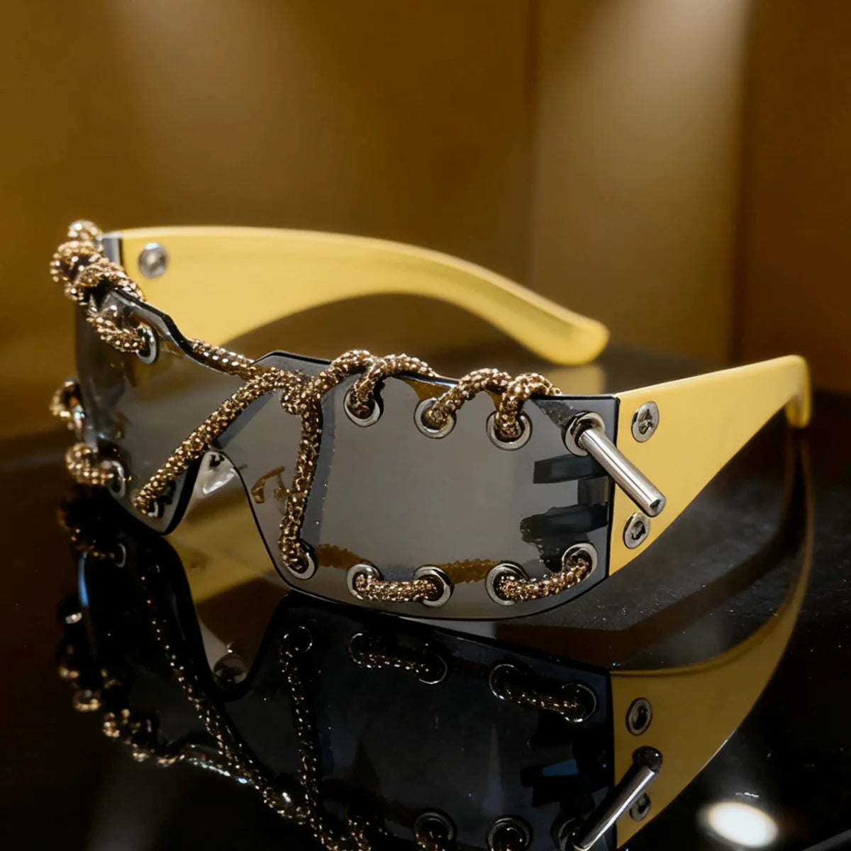 Frameless Crystal Chain Y2K Punk Sunglasses — Black | KIMLUD