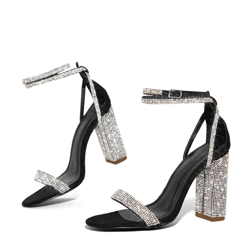 Glitter Rhinestones Sandals Gladiator-Style Open Toe Ankle Strap Square Heel — Black | KIMLUD
