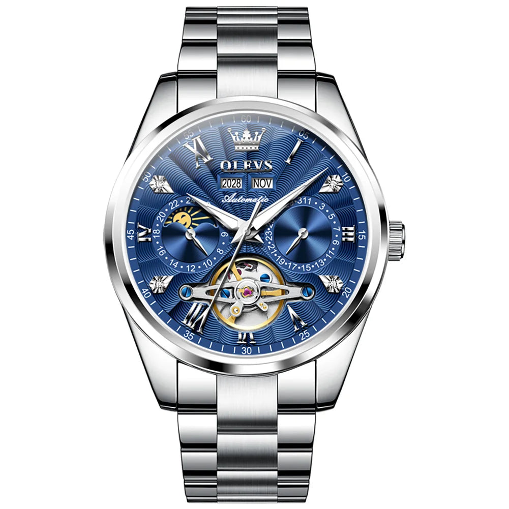 OLEVS Men's Watches Tourbillon Style Trend Fashion Original Automatic Mechanical Wristwatch Waterpoorf Luminous Moon Phase Clock