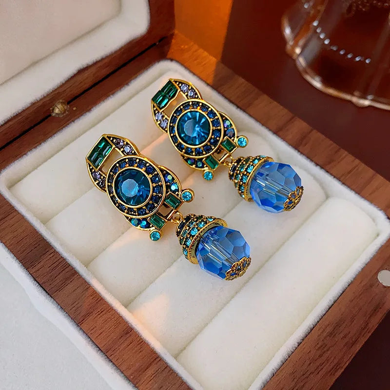 Rhinestone Ear Clip Geometric Water Drop Earrings — Blue | KIMLUD