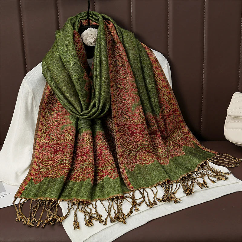 Cashmere Pashmina Shawl With Autumn Print Design, Olive Accents And Gold-Toned Fringe — Red | KIMLUD
