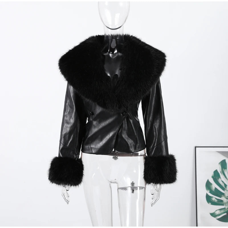 Black Faux Fur Collar Leather Jacket Elegant Lapel V-neck Waist Cinching Long-sleeved Short Coats Lady Winter Commute Coat 2025