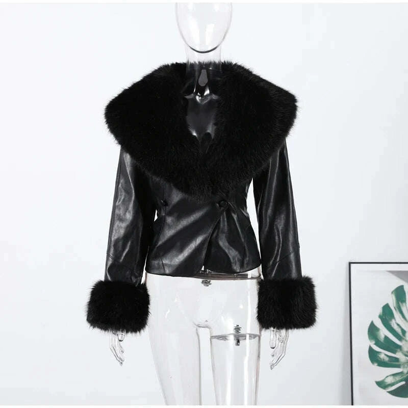 black-faux-fur-collar-leather-jacket-elegant-lapel-v-neck-waist-cinching-long-sleeved-short-coats-lady-winter-commute-coat-2025kimludkimlud-35573199